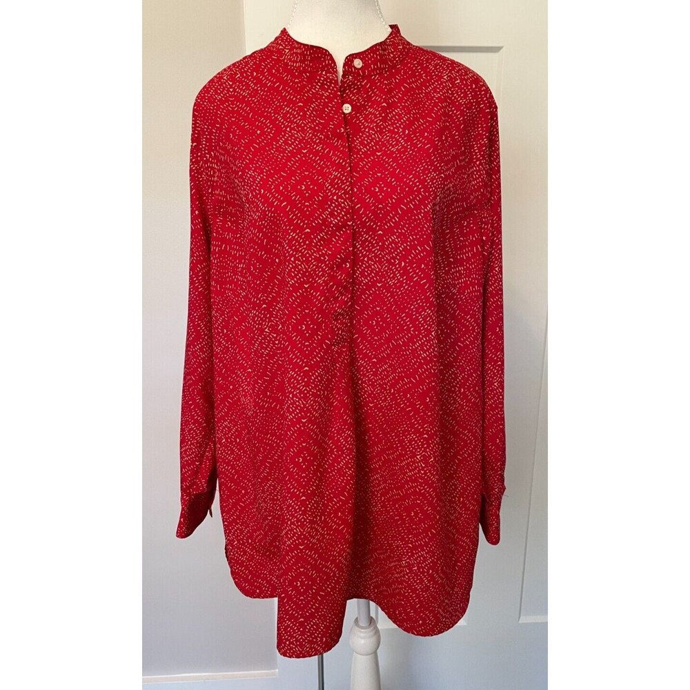 RALPH LAUREN Womens Popover TOP Long Sleeves RED Ivory Dots Size 1X